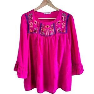 Anthropologie Women’s Floral Mexican Embroidered Pink Peasant Blouse Large